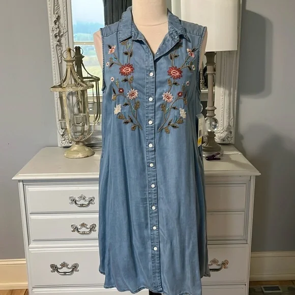 Terre Bleue Summer Embroider Midi Denim Look Dress Casual Lightweight Womens S - Picture 6 of 11